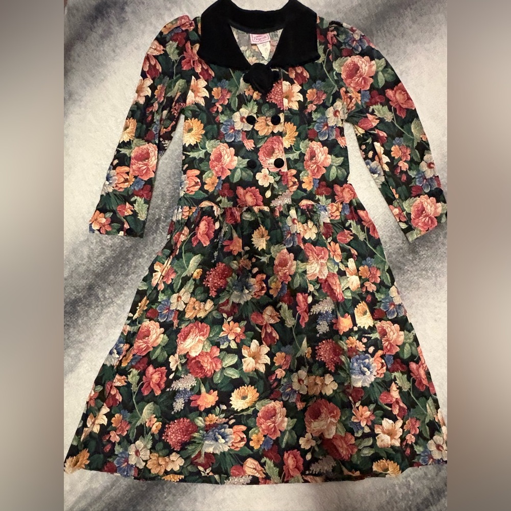 (B1) VTG Cottontail Originals Girls Black Floral Cotton Velvet Vintage Dress 12